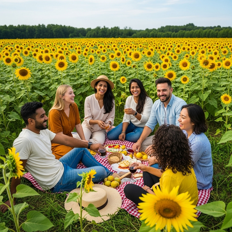 Joyful Sunflower Field Picnic with Diverse Friends | Nature-Inspired Scene