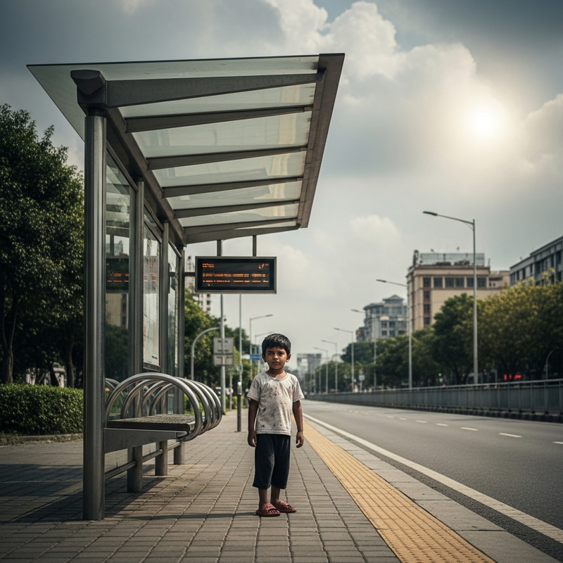 Poverty and Hope: Little Boy Waiting at Bus Stop