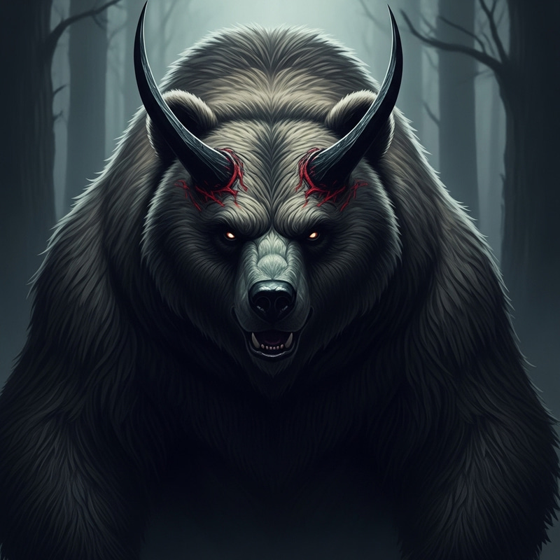 Evil Bear with Demon Horns - Chilling Image of Fear Evil Bear with Demon Horns - Chilling Image of Fear