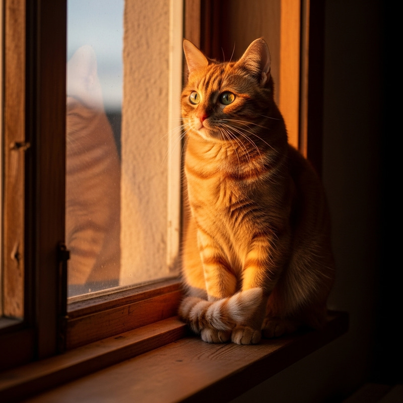 Beautiful Sunset Cat Sitting Comfortably on Windowsill Beautiful Sunset Cat Sitting Comfortably on Windowsill