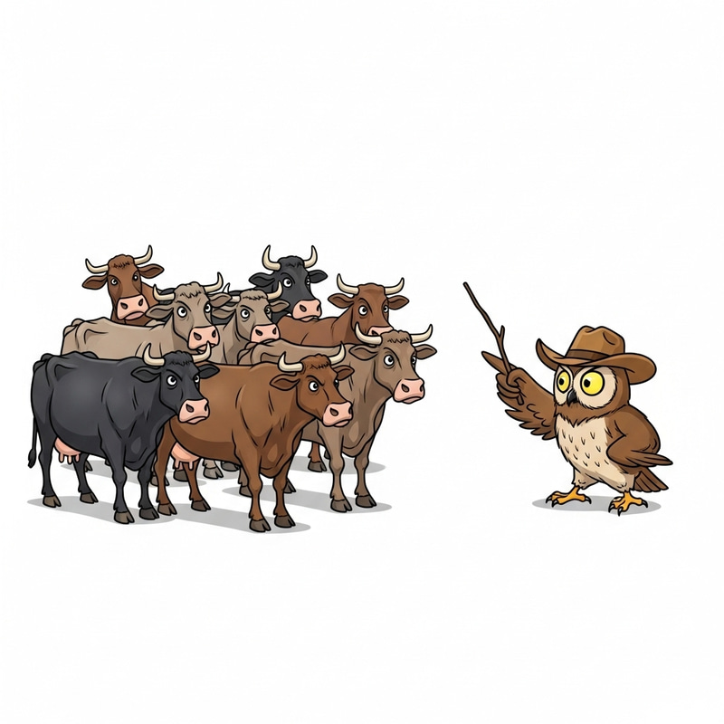 Funny Owl Herding Cattle in Comic Style Funny Owl Herding Cattle in Comic Style