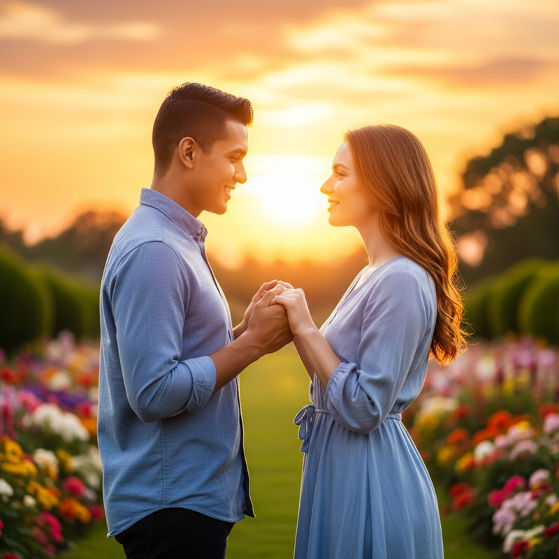 Dos Enamorados in Colorful Garden at Sunset
