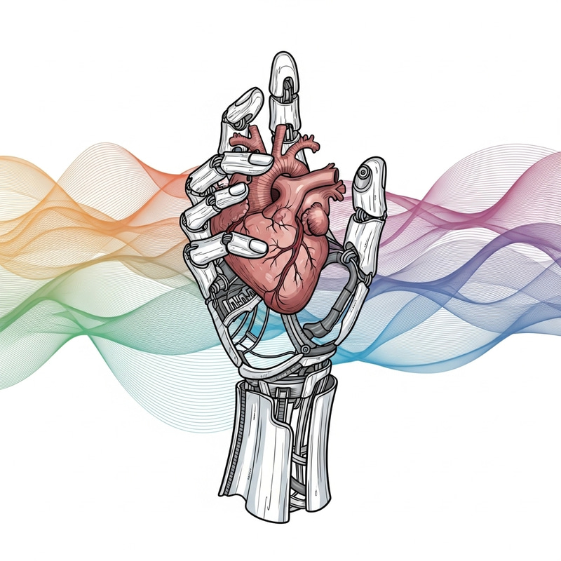 Intricate Semi-Mechanical Hand delicately holding Human Heart Intricate Semi-Mechanical Hand delicately holding Human Heart