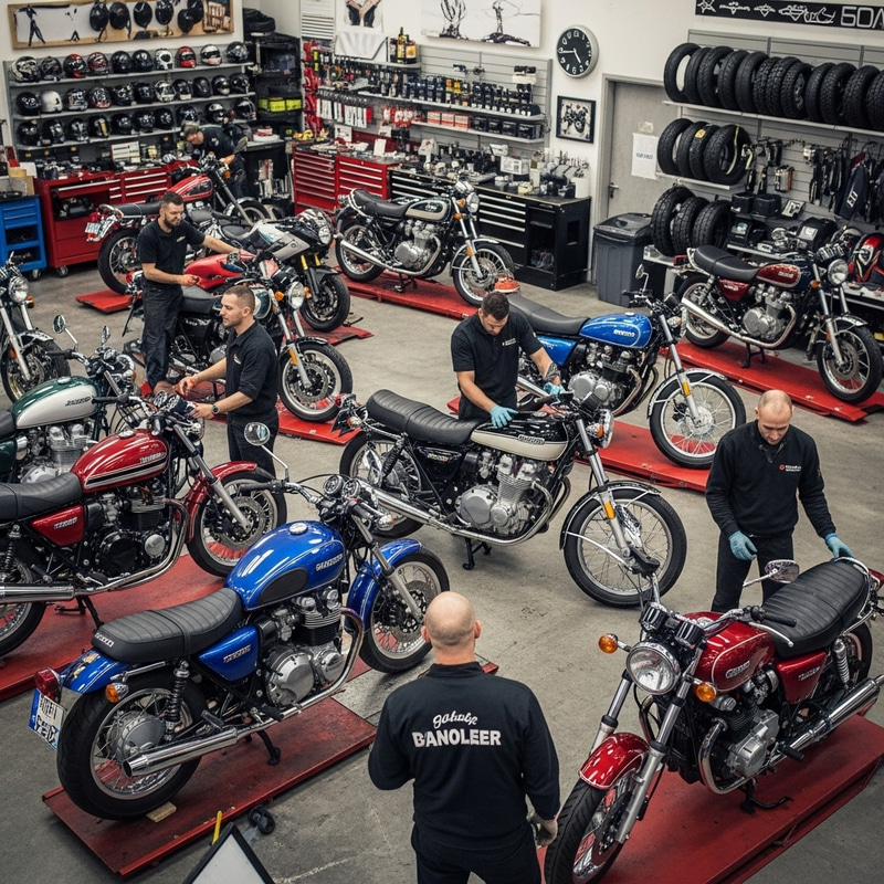 Motorcycle Shop Scene: Diverse Range of Modern & Vintage Bikes Motorcycle Shop Scene: Diverse Range of Modern & Vintage Bikes