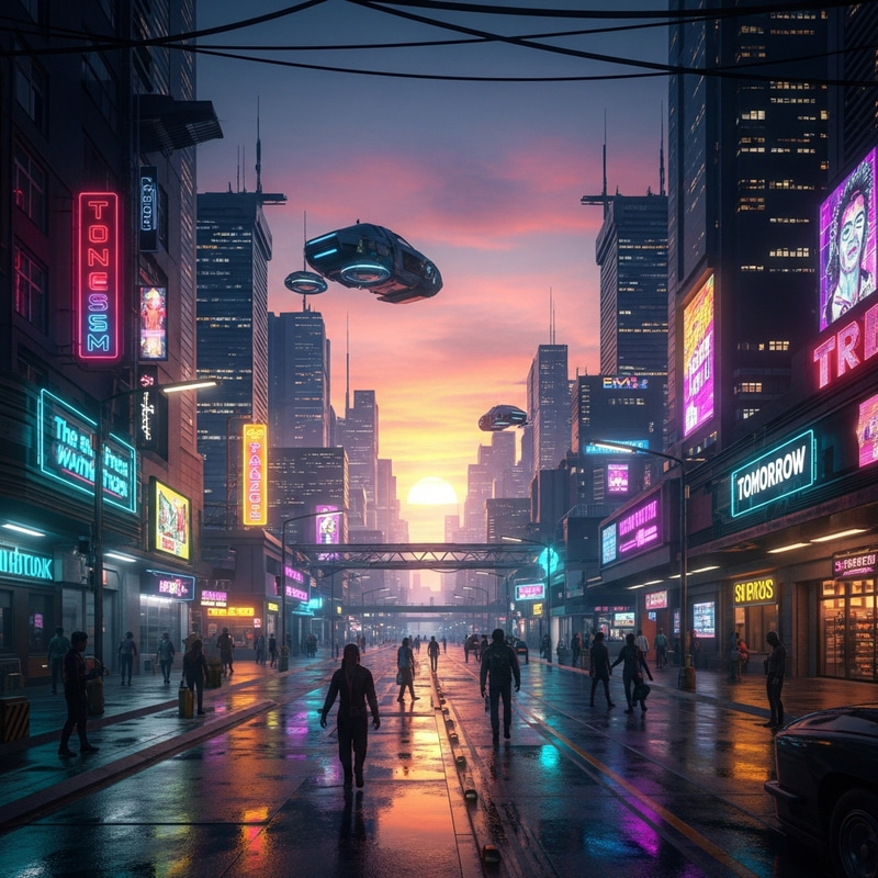 Vivid Technicolor Sunset Over Cyberpunk City | Futuristic Urban Landscape