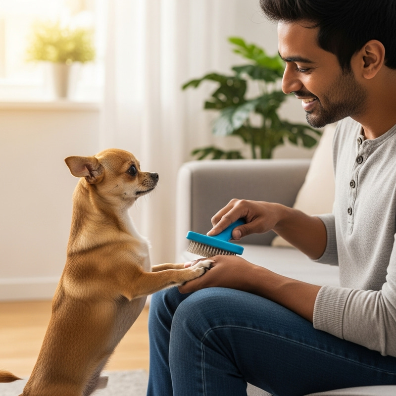 Chihuahua Interacts with South Asian Human in Sunny Living Room Chihuahua Interacts with South Asian Human in Sunny Living Room