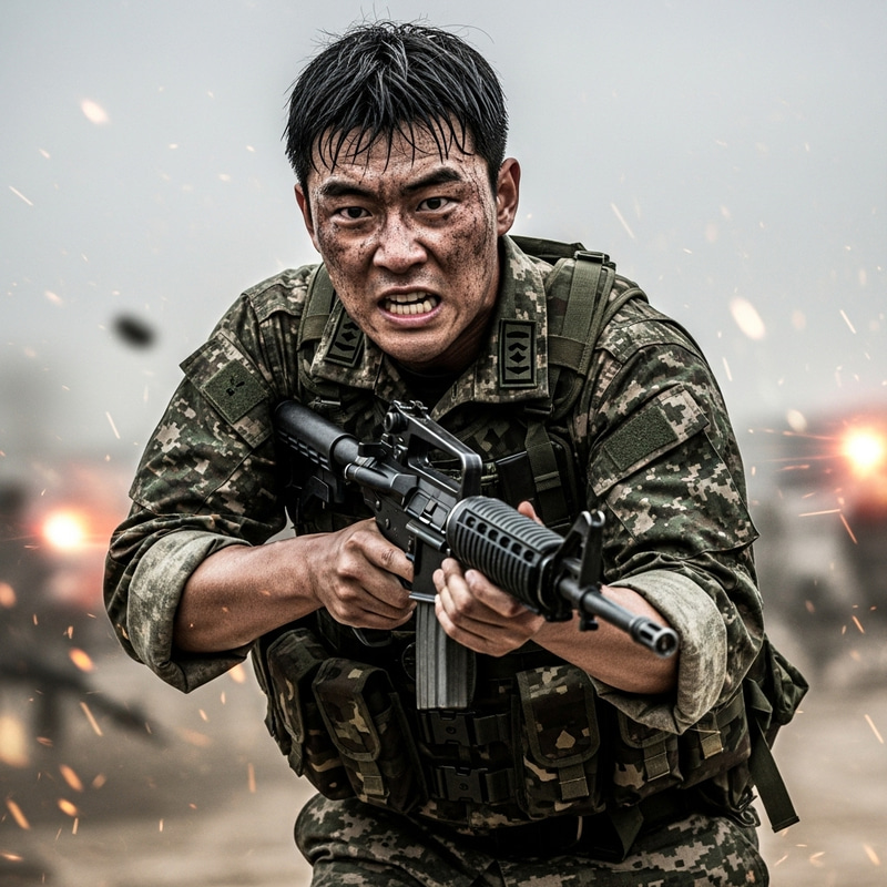 Courageous Asian Male Soldier in Intense Battle