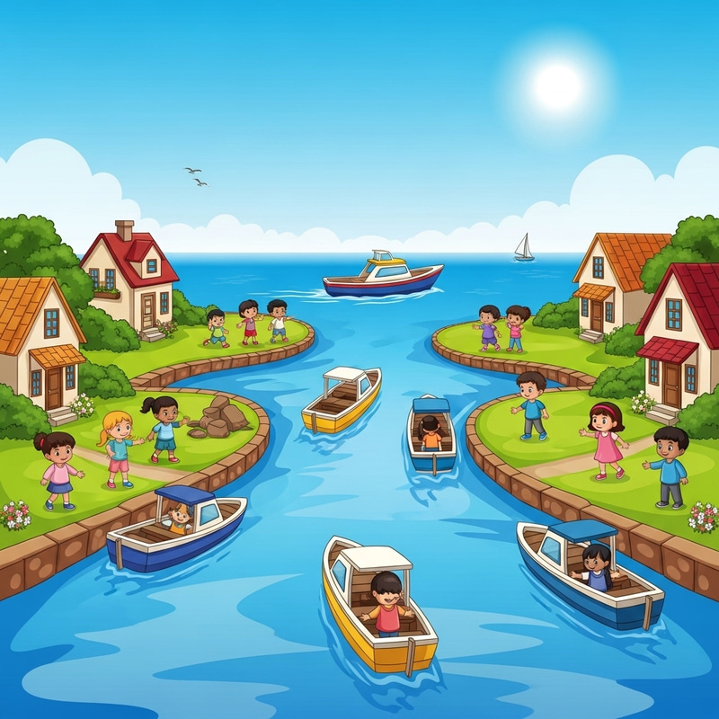 Tranquil River Confluence: Delightful Scenes of Children Playing & Colorful Boats
