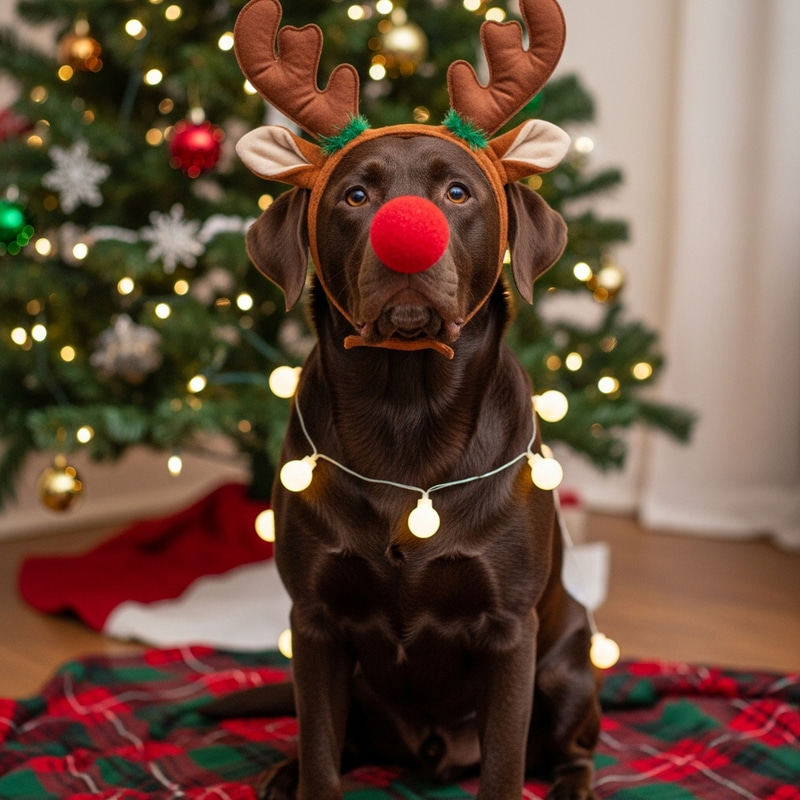 Festive Chocolate Labrador as Christmas Reindeer Costume Festive Chocolate Labrador as Christmas Reindeer Costume