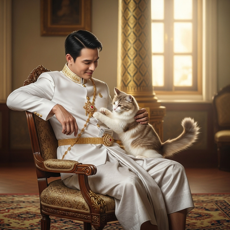 Thai Royal Attire: Man in White with Cat in Lap Thai Royal Attire: Man in White with Cat in Lap