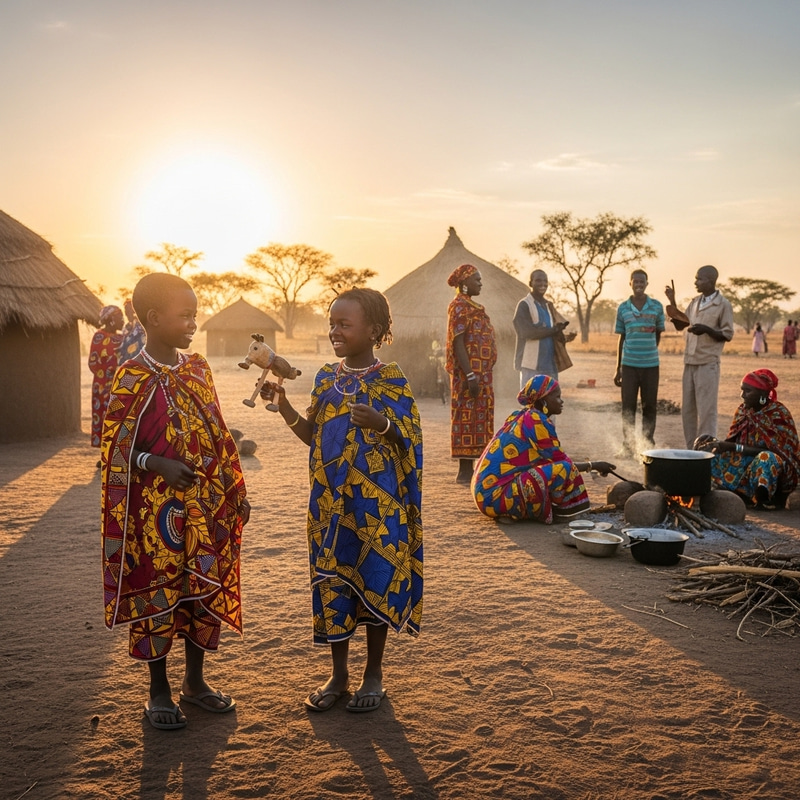African Village Scene with Two Children Playing at Sunset African Village Scene with Two Children Playing at Sunset