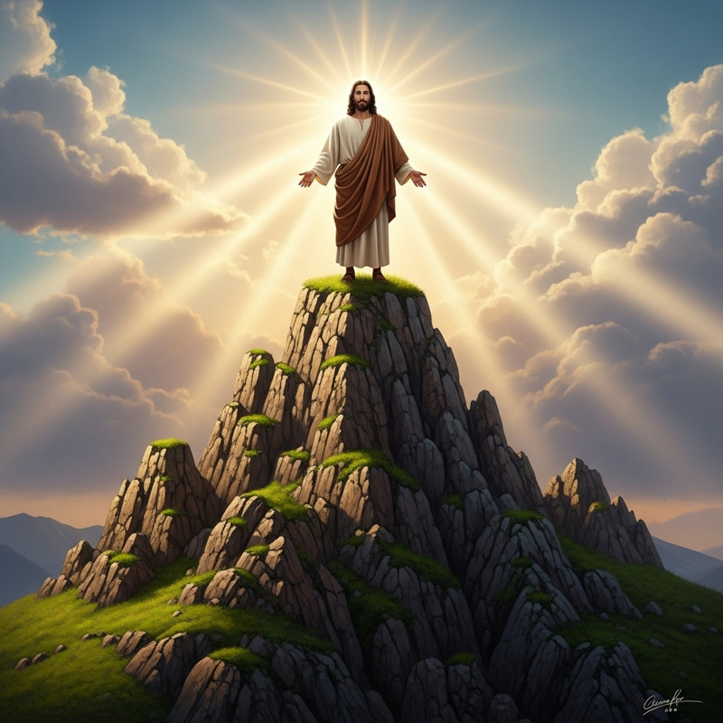 Serene Jesus atop Towering Mountain Serene Jesus atop Towering Mountain