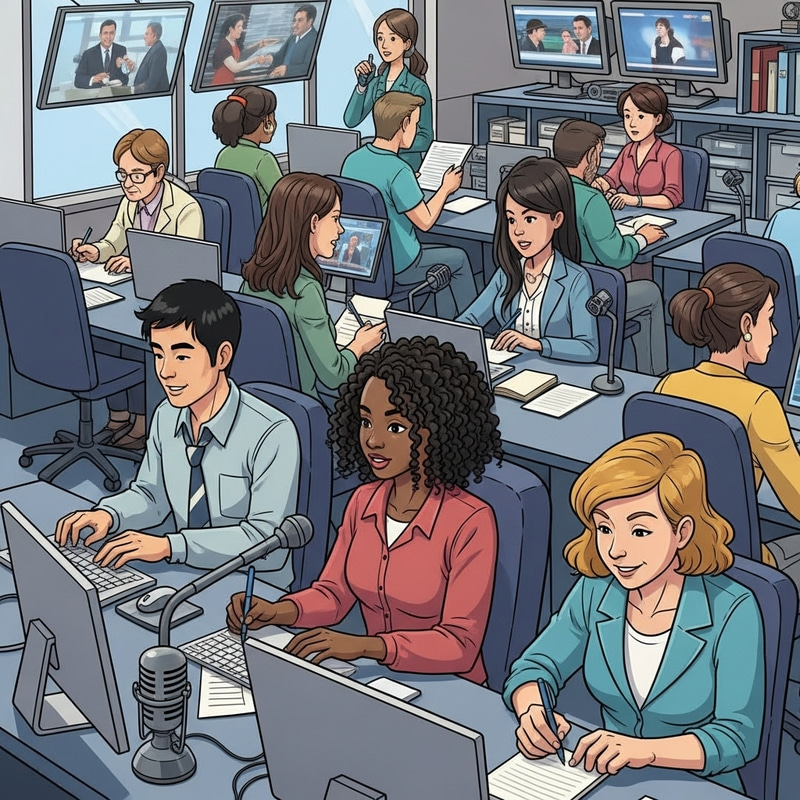 Smiling Journalist Working - Vibrant Newsroom Professionalism Smiling Journalist Working - Vibrant Newsroom Professionalism