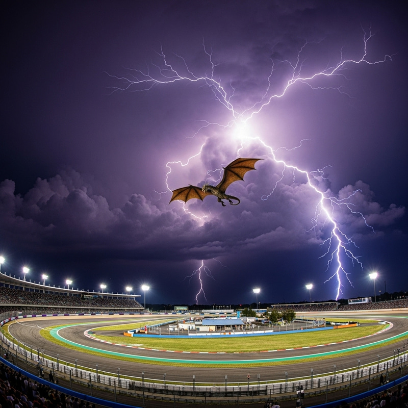 Majestic Dragon Soars Over Racing Track Amid Thunderstorm Majestic Dragon Soars Over Racing Track Amid Thunderstorm