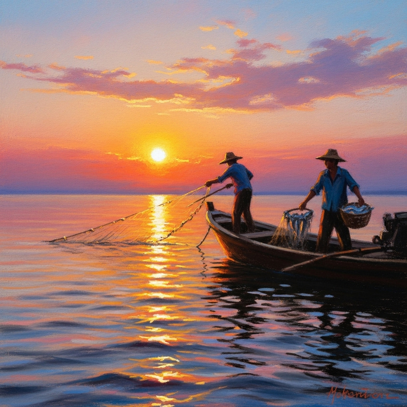 Golden Hour Fishing Scene Painted in Pastel Colors Golden Hour Fishing Scene Painted in Pastel Colors