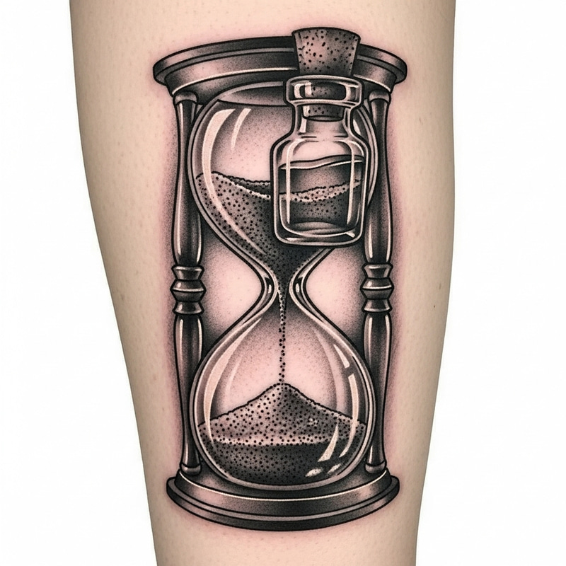 Intricate Hourglass and Bottle Tattoo Design: Symbolizing Time and Materiality