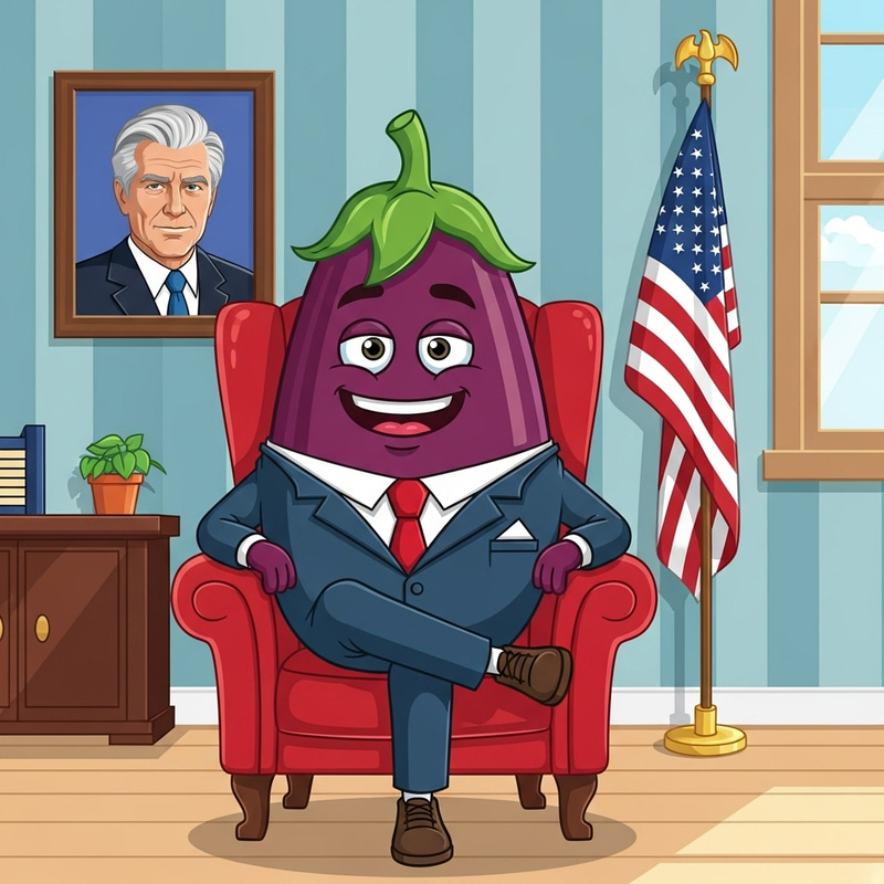Eggplant in Red Armchair with US Flag in Office Eggplant in Red Armchair with US Flag in Office