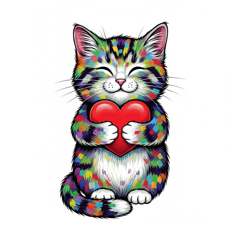 Colorful Pop Art Cat Hugging Red Heart Painting | Peaceful Feline Artwork Colorful Pop Art Cat Hugging Red Heart Painting | Peaceful Feline Artwork
