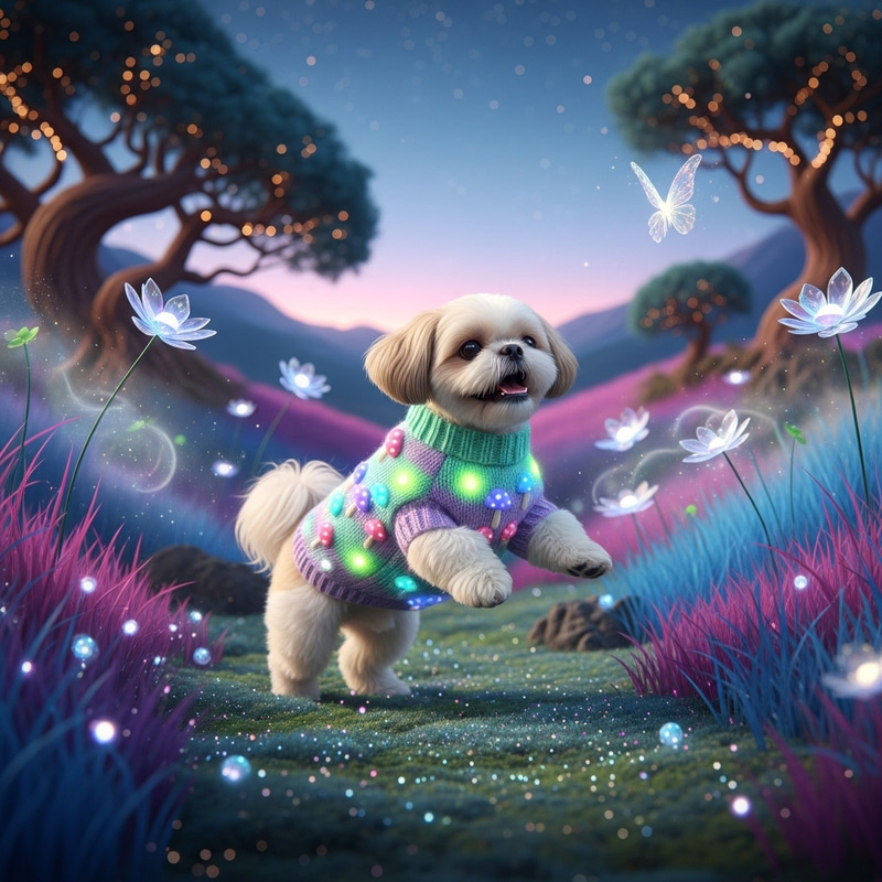 Joyful Female White Shih Tzu Dog in Enchanted Field