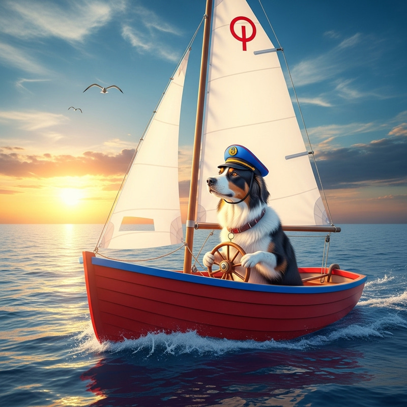 Medium-Sized Dog Sailing Boat in Blue and Red on Sparkling Ocean Medium-Sized Dog Sailing Boat in Blue and Red on Sparkling Ocean