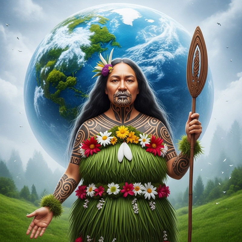 Papatuanuku: Earth Mother with Chin Tattoo, River Hair, and Native Flora Dress Papatuanuku: Earth Mother with Chin Tattoo, River Hair, and Native Flora Dress