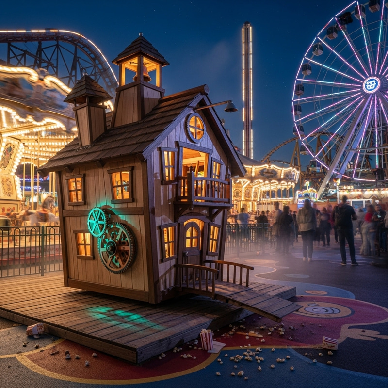 Imaginative Single-Story Wooden House in Nighttime Amusement Park Imaginative Single-Story Wooden House in Nighttime Amusement Park