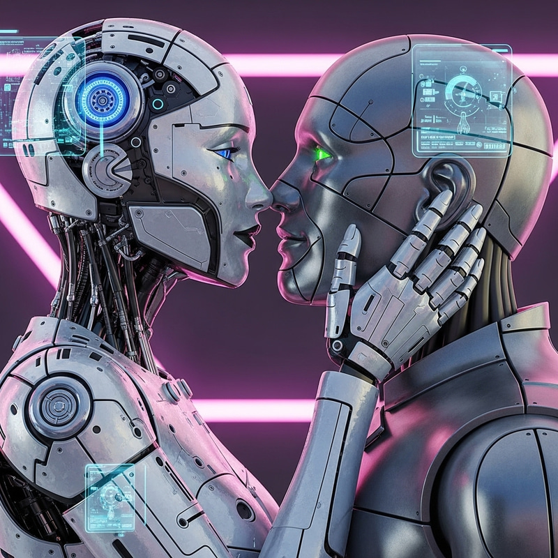 Futuristic Female Robot Kisses Male Robot Futuristic Female Robot Kisses Male Robot