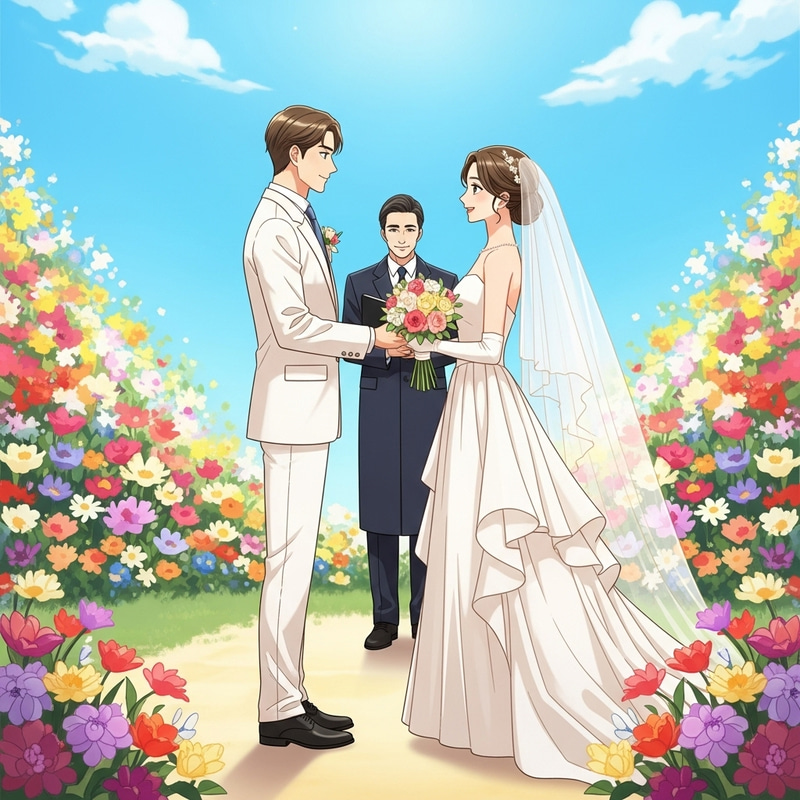 White Wedding: Happy Couple in Marriage Gowns Exchanging Vows