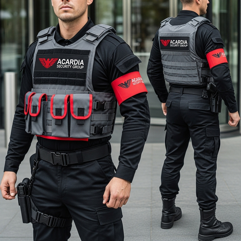 Neat & Professional Security Uniform in Black, Red & Gray | Acardia Security Group