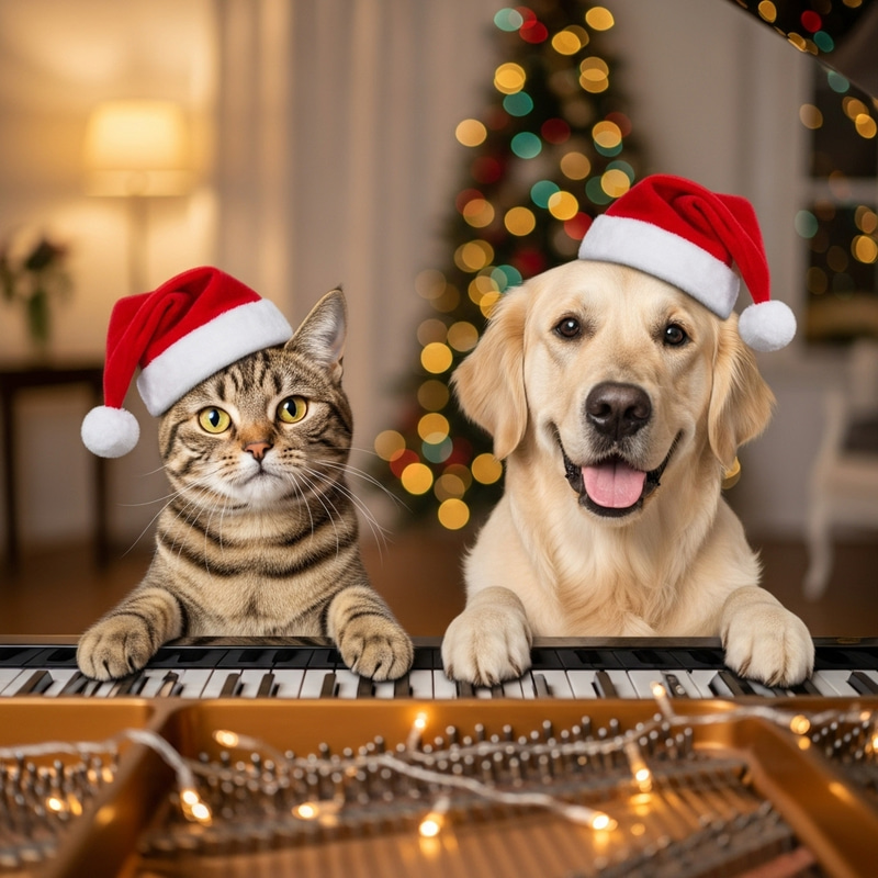 Happy Norwegian Cat and Golden Retriever Playing Festive Melodies