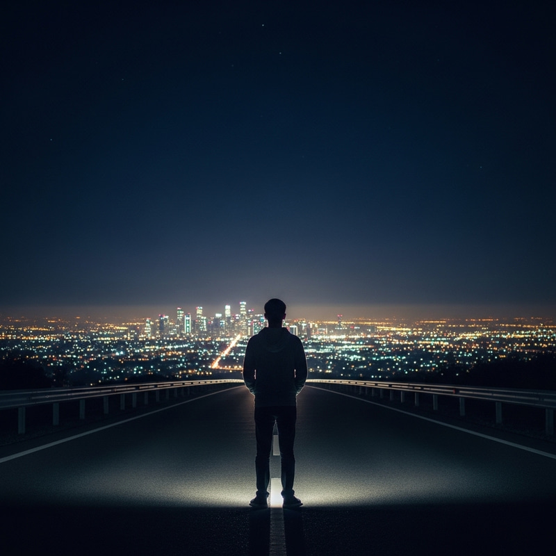 Lonely Boy on a Road at Night with City Lights Lonely Boy on a Road at Night with City Lights