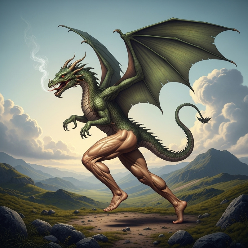 Dragon with Human Legs - Mysterious Creature in Fantasy Scene Dragon with Human Legs - Mysterious Creature in Fantasy Scene