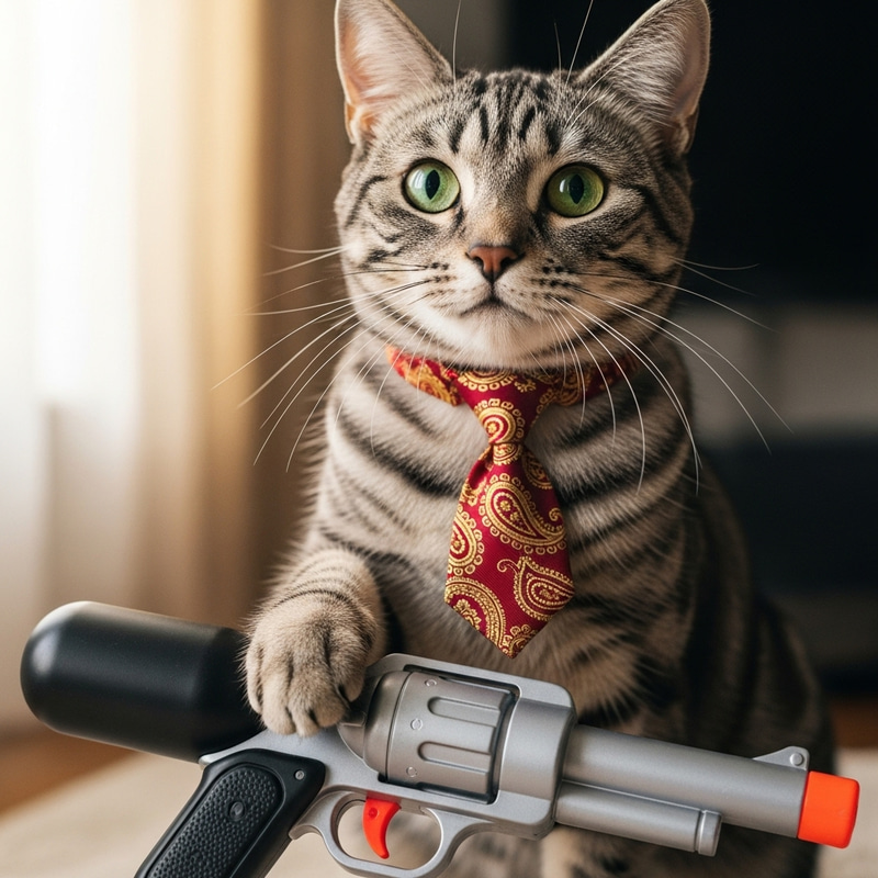 Curious Cat with Fancy Tie and Toy Gun | Playful Feline Apparel Curious Cat with Fancy Tie and Toy Gun | Playful Feline Apparel