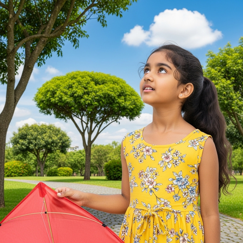 Adorable South Asian Girl Flying a Red Kite Adorable South Asian Girl Flying a Red Kite