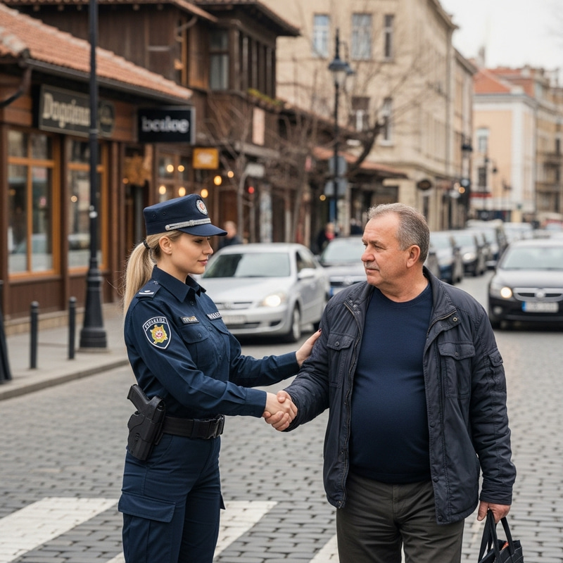 Police Officer Helping Middle-Aged Man Cross Sofia Street Police Officer Helping Middle-Aged Man Cross Sofia Street
