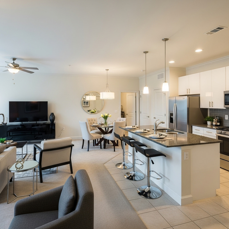 Spacious Apartment Living Room with Entertainment Area and Dining Space Spacious Apartment Living Room with Entertainment Area and Dining Space