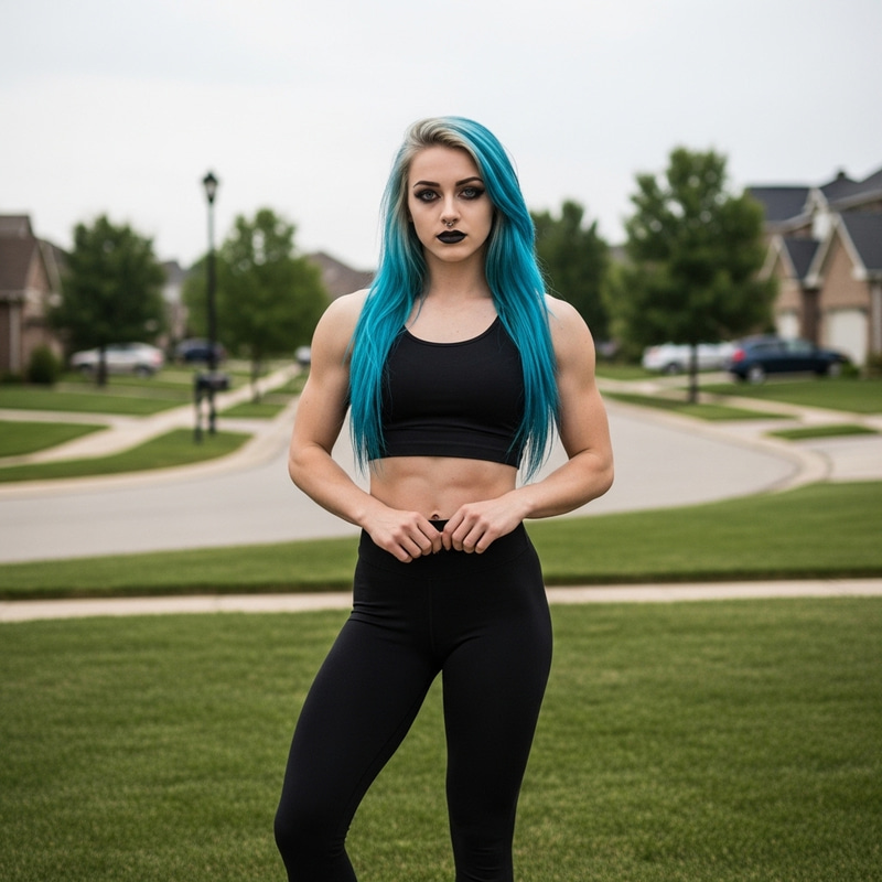 Gothic Teen Girl with Long Hair and Striking Style in Suburban Neighborhood