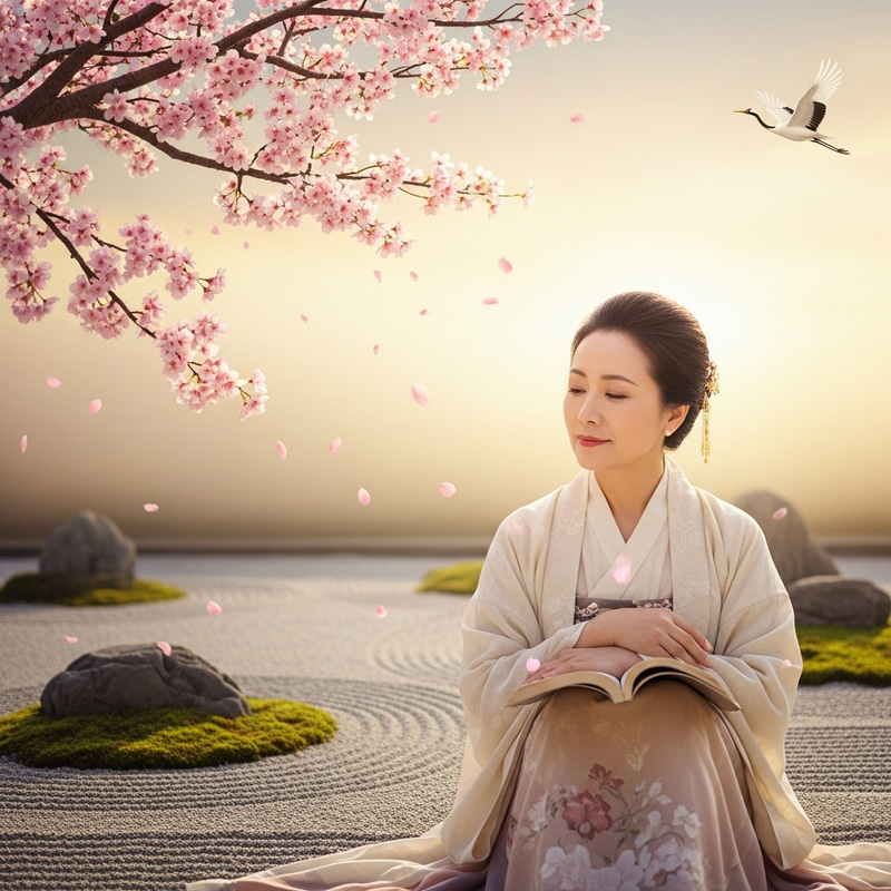 Tranquil East Asian Woman Reading Under Cherry Blossom Tree - Freedom and Serenity