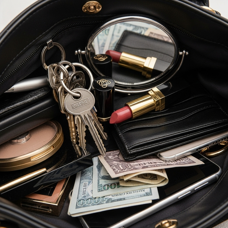 What's Inside a Woman's Purse: Keys, Lipstick, Mirror, Wallet, Smartphone