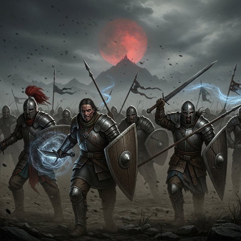 Epic Dark Fantasy Battle Scene with Blood Moon Epic Dark Fantasy Battle Scene with Blood Moon