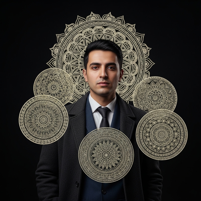 36 Year Old Afghan Magician in Coat and Tie with Mandala Magic Shields 36 Year Old Afghan Magician in Coat and Tie with Mandala Magic Shields