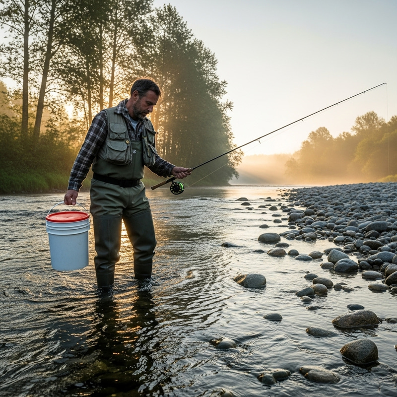 Fisherman Wearing Rubber Boots Steps into River with Bucket and Fishing Rod Fisherman Wearing Rubber Boots Steps into River with Bucket and Fishing Rod
