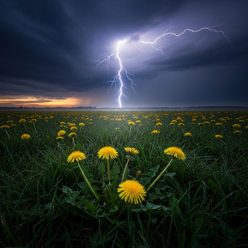 Dramatic Lightning Strikes Awake Dandelions at Dawn