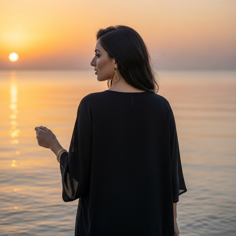 Tranquil Beach Sunset with Brunette Woman Walking by the Calm Waters Tranquil Beach Sunset with Brunette Woman Walking by the Calm Waters