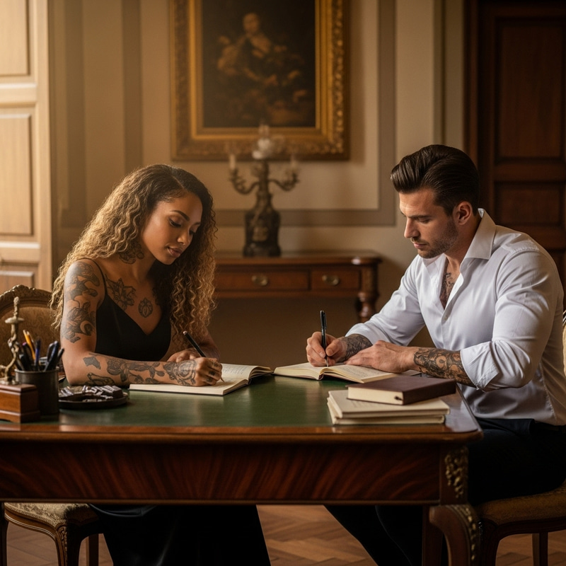 Luxurious African American Woman and Italian Man Writing in Opulent Villa Luxurious African American Woman and Italian Man Writing in Opulent Villa