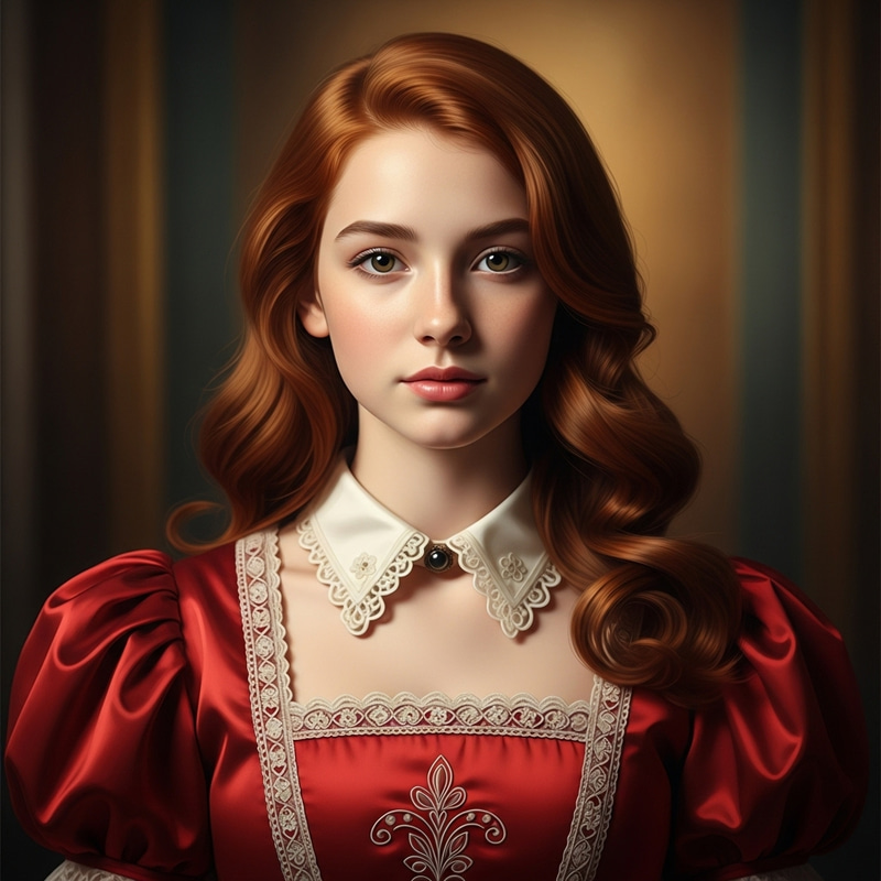 Opulent Red-Haired Girl in Historical Style Dress