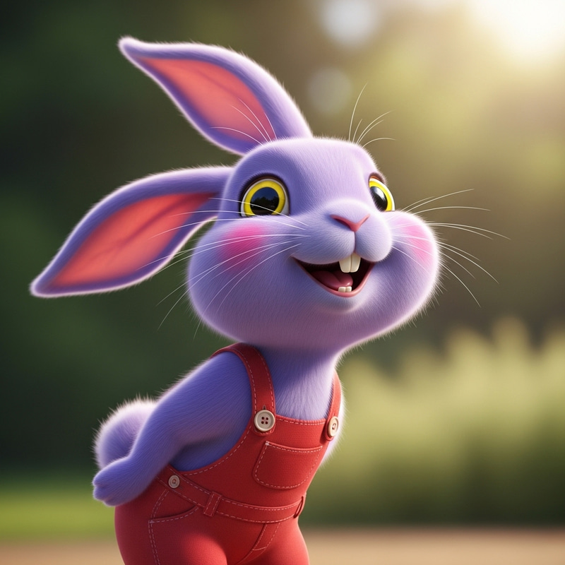 Cute Violet Rabbit in Red Overalls Smiling | Playful Purple Bunny Cute Violet Rabbit in Red Overalls Smiling | Playful Purple Bunny