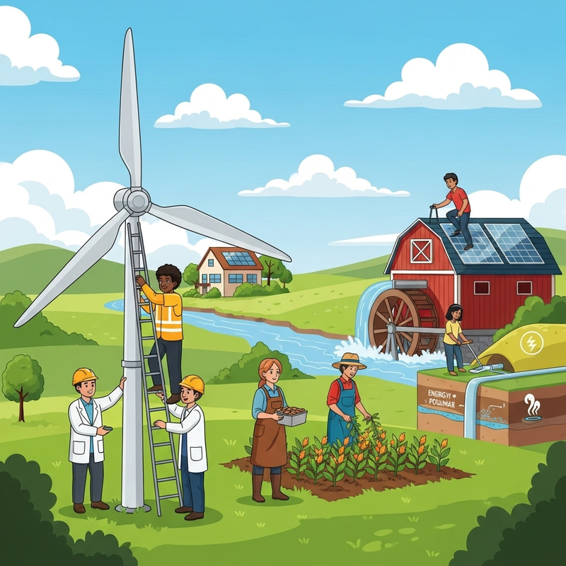 Renewable Energy Scene: Diverse Sustainability Illustration Renewable Energy Scene: Diverse Sustainability Illustration