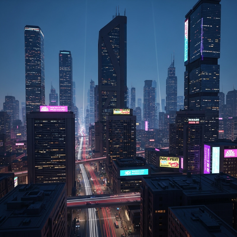 Futuristic Cyberpunk Cityscape at Dusk - Vibrant Neon Skyscrapers Futuristic Cyberpunk Cityscape at Dusk - Vibrant Neon Skyscrapers