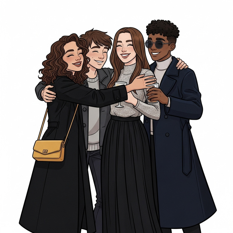 Joyful Animated Poster Featuring Vintage Characters Embracing